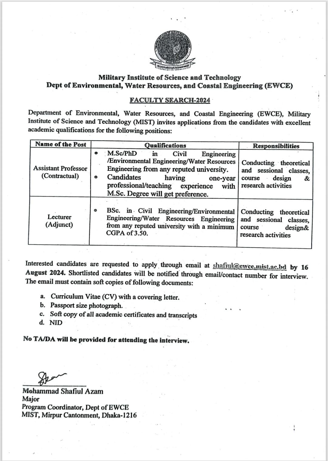 FACULTY RECRUITMENT CIRCULAR AT EWCE DEPARTMENT 2024